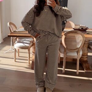 Striped Wide-Leg Lounge Pants in Cream and Brown